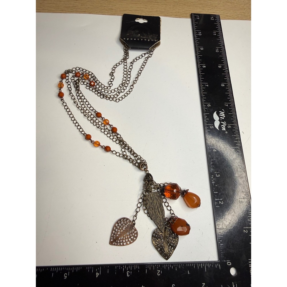 Apostrophe Bronze Tone Multi Strand Leaf Charm Orange Bead Long Necklace NWT